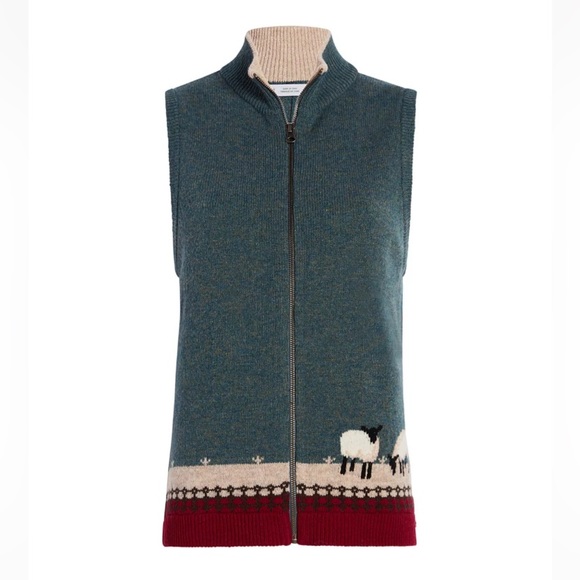 WOOLRICH Sweater Vest Wool White Sheep Green Red Full Zip Size Small - Picture 6 of 6